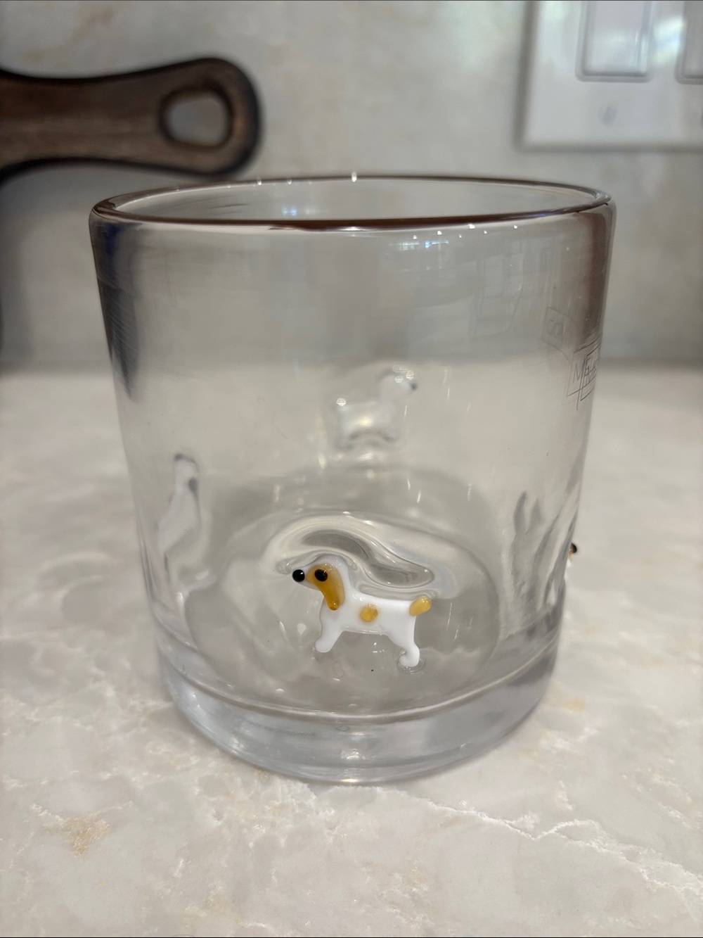 NWT Mellow & Mod Hand-Blown Clear Glass Tumbler with White and Yellow Dog Accent